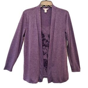 White Stag Womens S Purple Floral Silver Beaded 2-In-1 Fly Away Long Sleeve Top